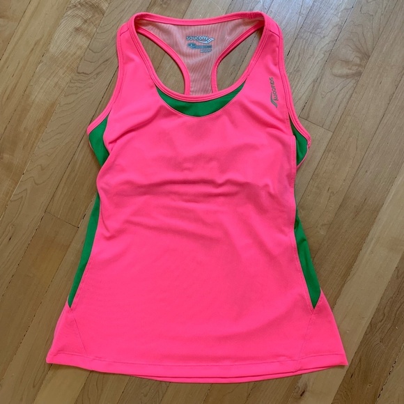 Saucony Pink Green Athletic Sports Bra Tank Top Size Small - Picture 1 of 4